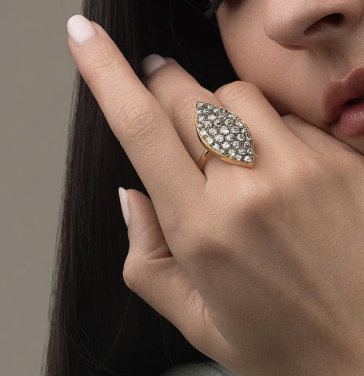 Chic blackened diamond vintage inspired palm ring with pointed flat design for special events or everyday. 