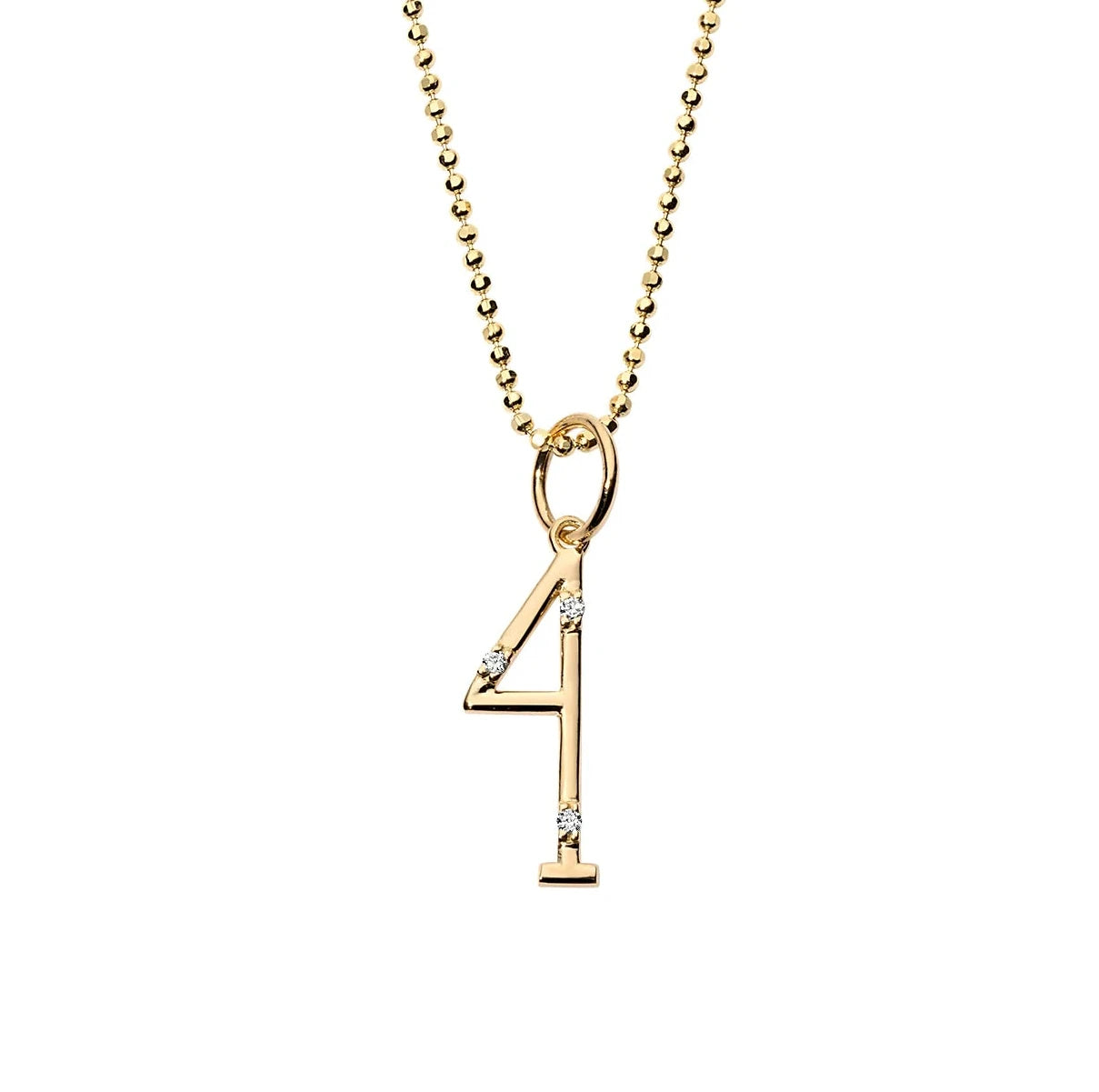 Yellow gold fine jewelry charm in number 4 hanging on a gold, sparkling ball chain.