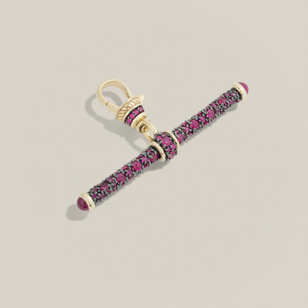 T-bar pendant designed by Lucy Delius covered in pavé set rubies with black rhodium plating and yellow 14k gold based on victorian antique jewelry for charm necklaces, bracelets, or paperclip chains. 